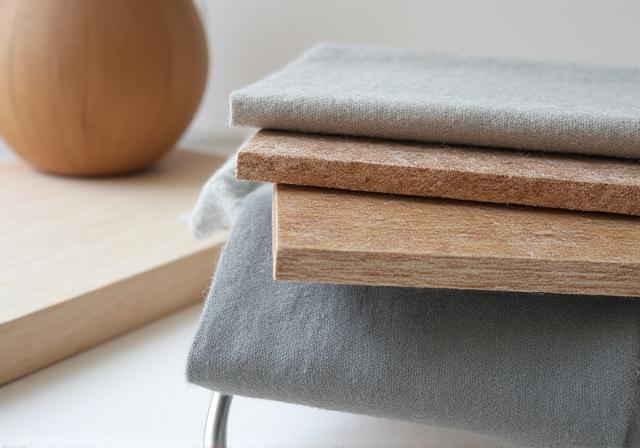 持続可能な木材、金属、布地のサンプルが美しく配置されている様子